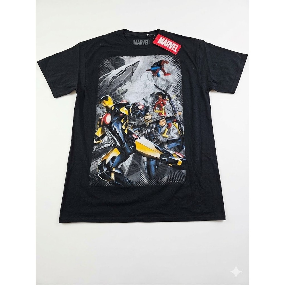 Marvel Avengers Graphic T-Shirt Mens Large Black Iron Man Spider-Man Hawkeye